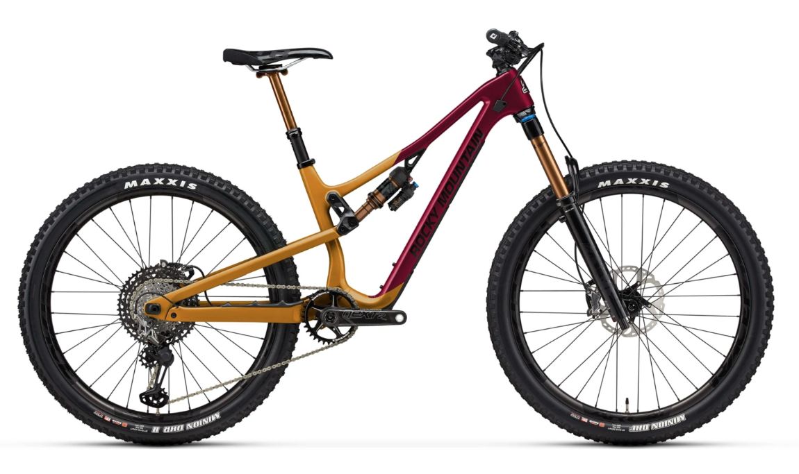 Mustard yellow and red 2021 Rocky Mountain Instinct Carbon 90 trail bike