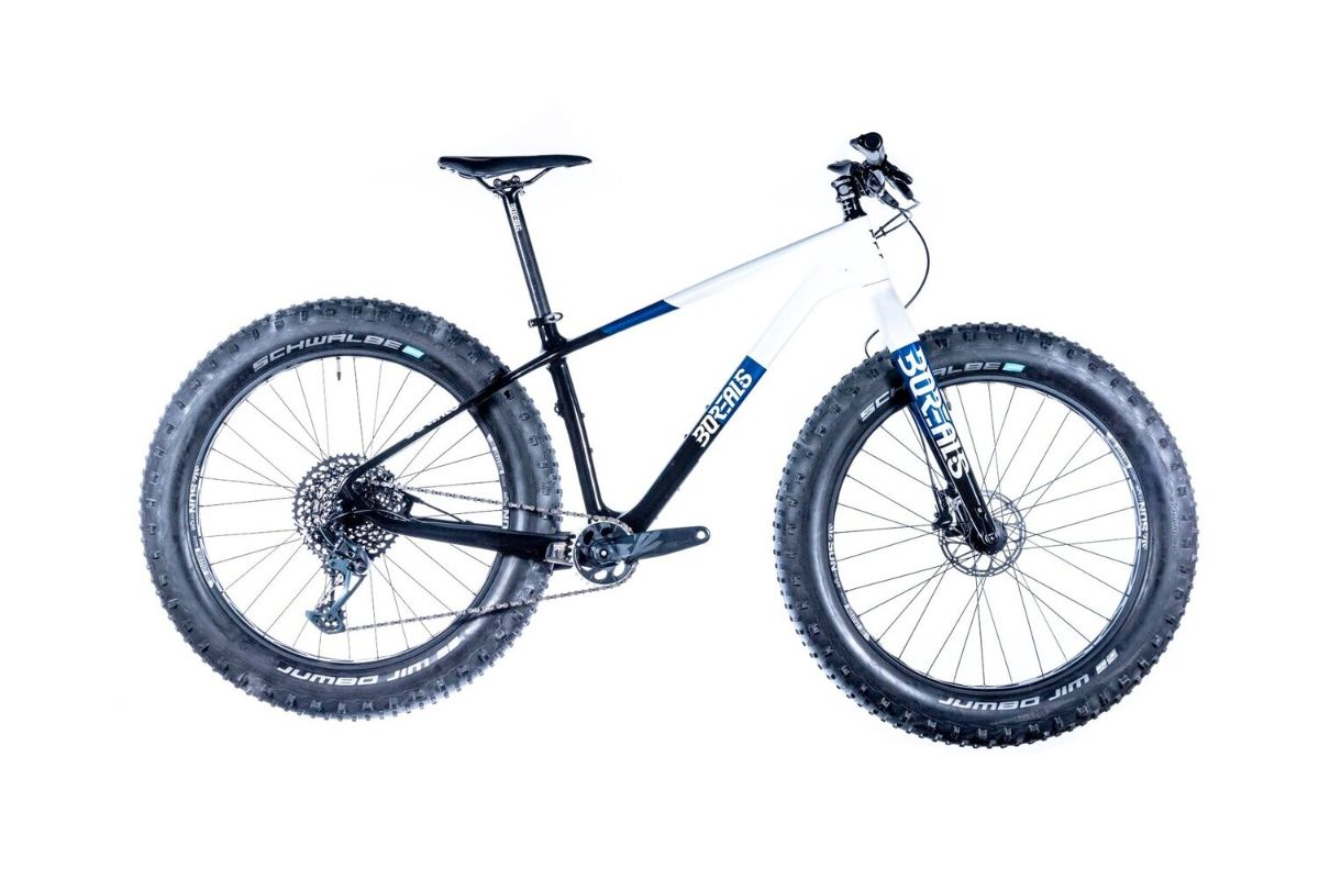 Blue and white 2022 Borealis Crestone fatbike