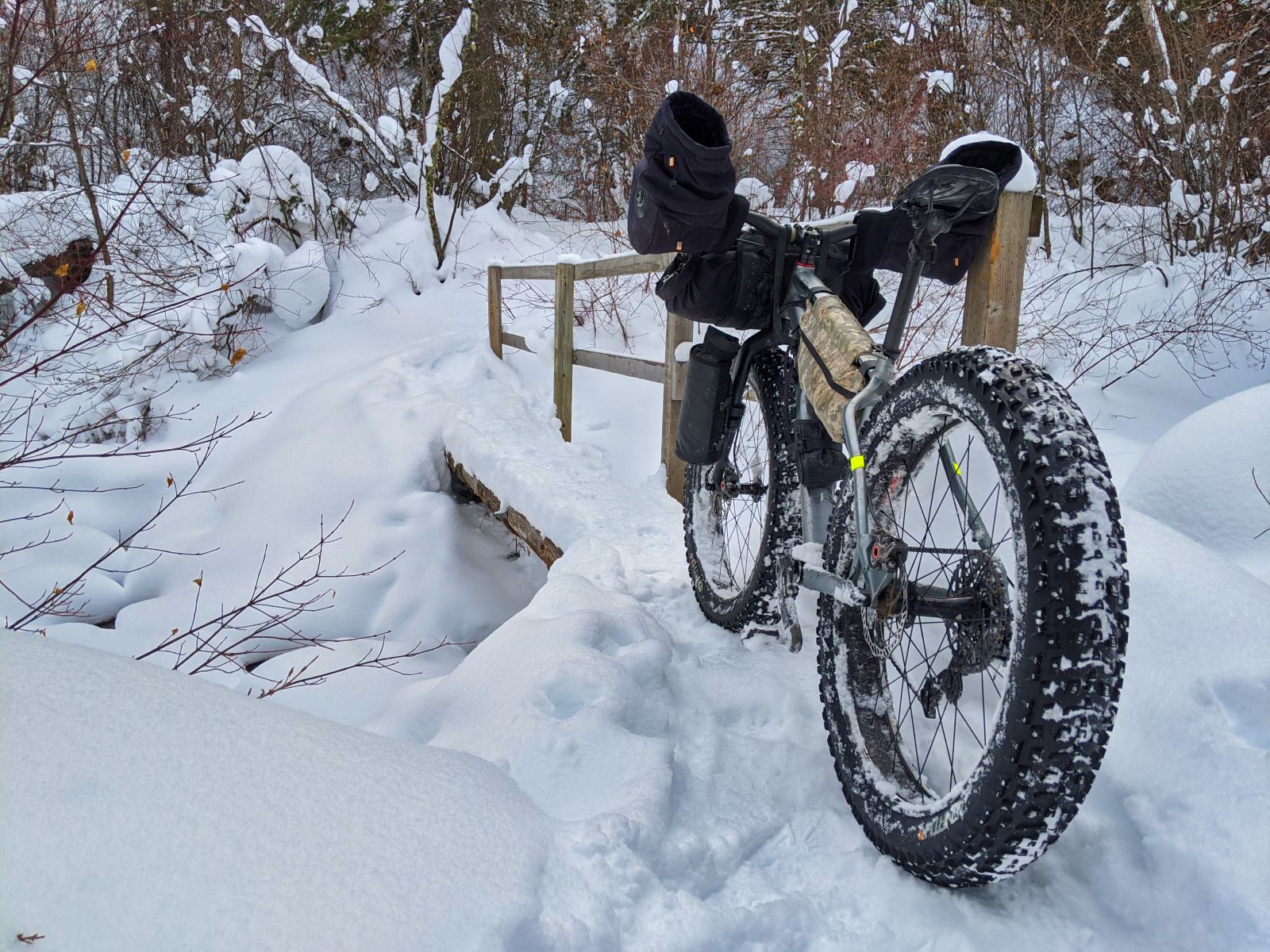 Fatbike with pogies and framebags on a mountain bike trail bridge in the winter.