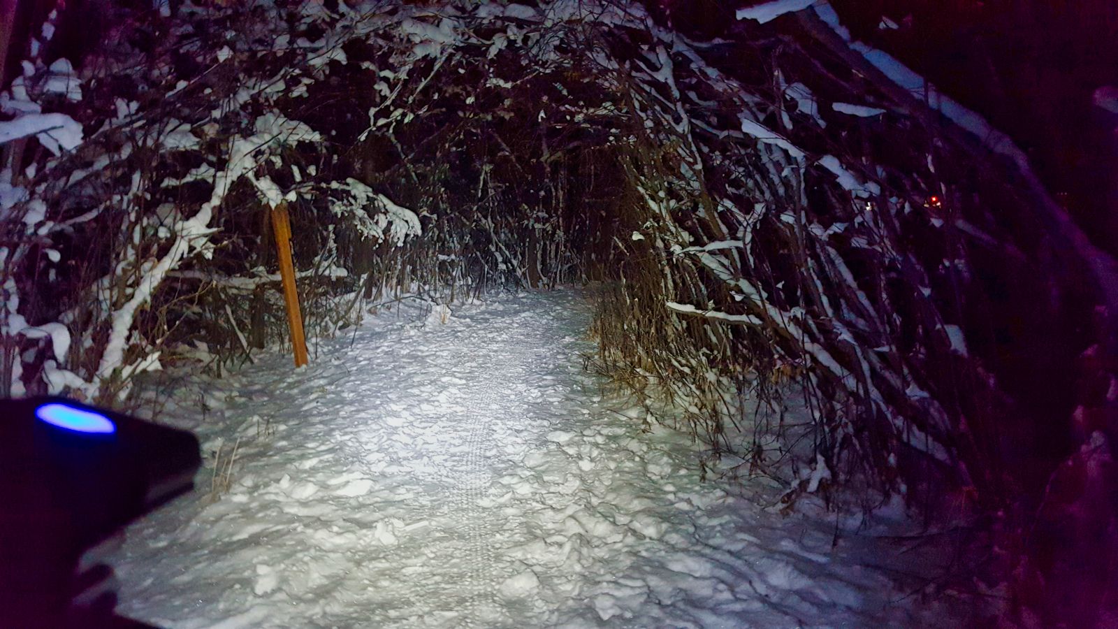 Snow packed mountain bike trail lit up by a bright light
