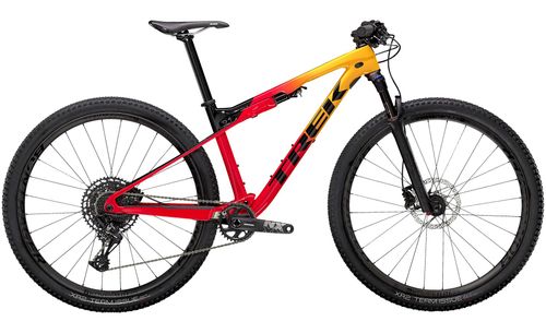 Red and yellow 2021 Trek Supercaliber 9.7 cross-country bike