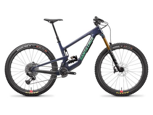 Dark blue 2022 Santa Cruz Megatower X01 AXS RSV coil carbon enduro mountain bike
